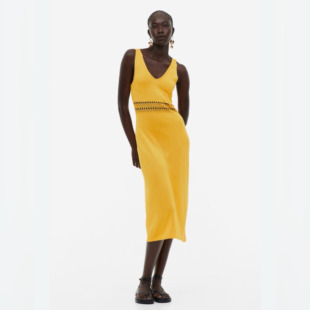 H&M Mustard Yellow Crochet Waist V-Neck Knit Midi Dress Size M